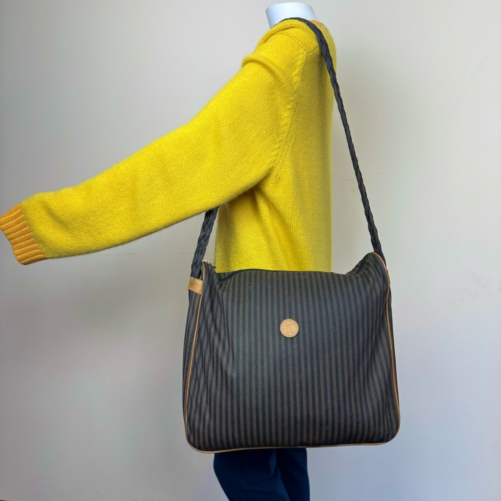 Fendi Zucca Stripe Canvas Shoulder Crossbody Logo Bag Brown Black Vintage - Picture 3 of 17